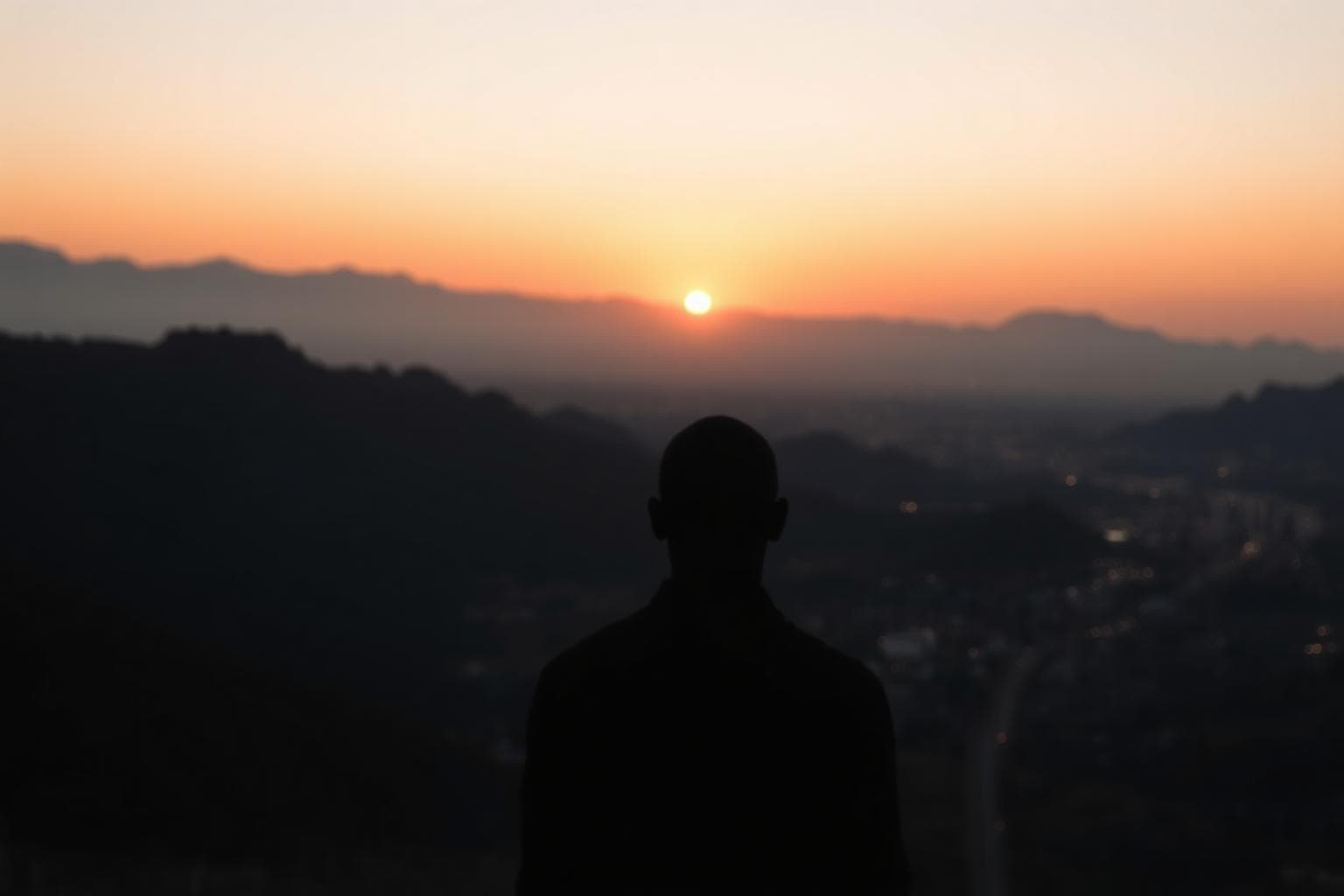 A solitary figure looking out over an African horizon at dawn