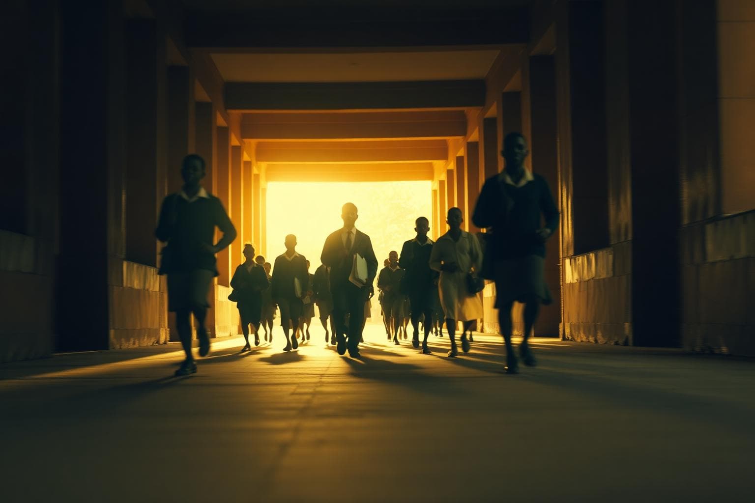 Students walking forward through a sunlit colonnade