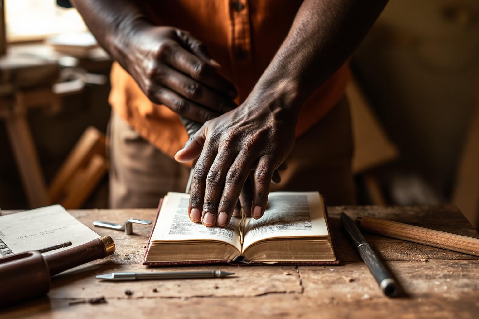 The hands of an African craftsperson and a student joined over a book and tools